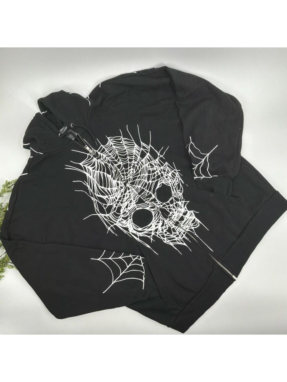 Skull Spiderwebs Embroidered Social Collision Black Zip Up Hoodie Jacket Size L
